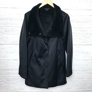Eileen Fisher Black Coat Mid Length Snap Front Plush Collar Pockets Medium